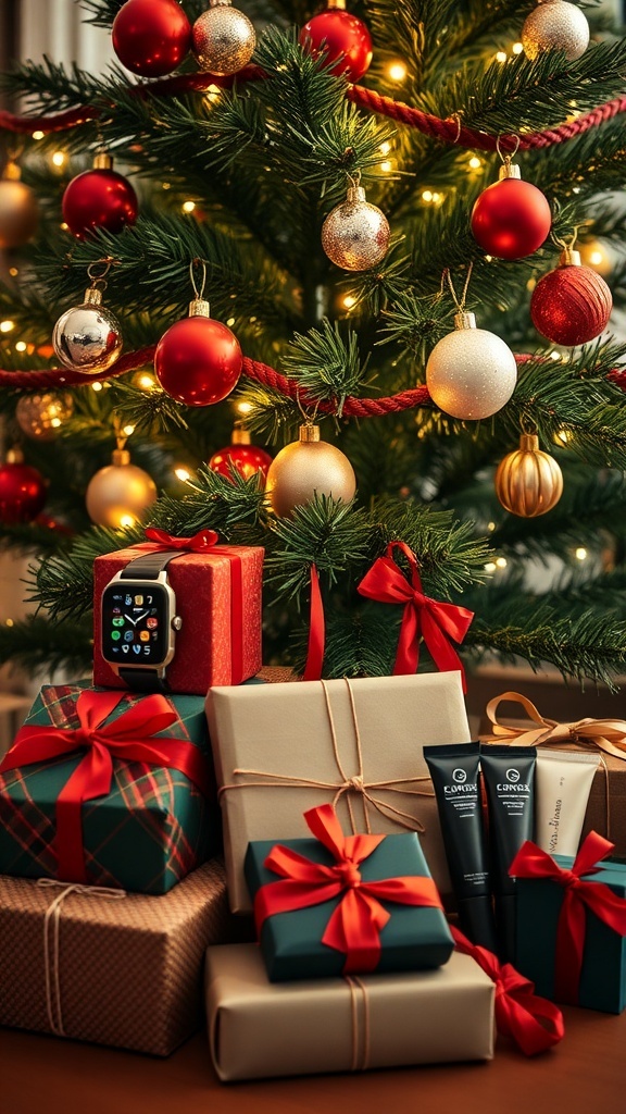 Christmas gifts for men under a decorated tree, including a smartwatch, wallet, and grooming kit.
